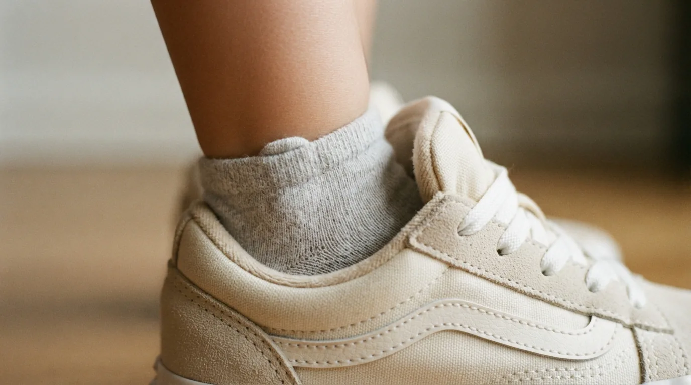 Close-up of a child's foot trying on a new sneaker, showing the interior lining and fit.
