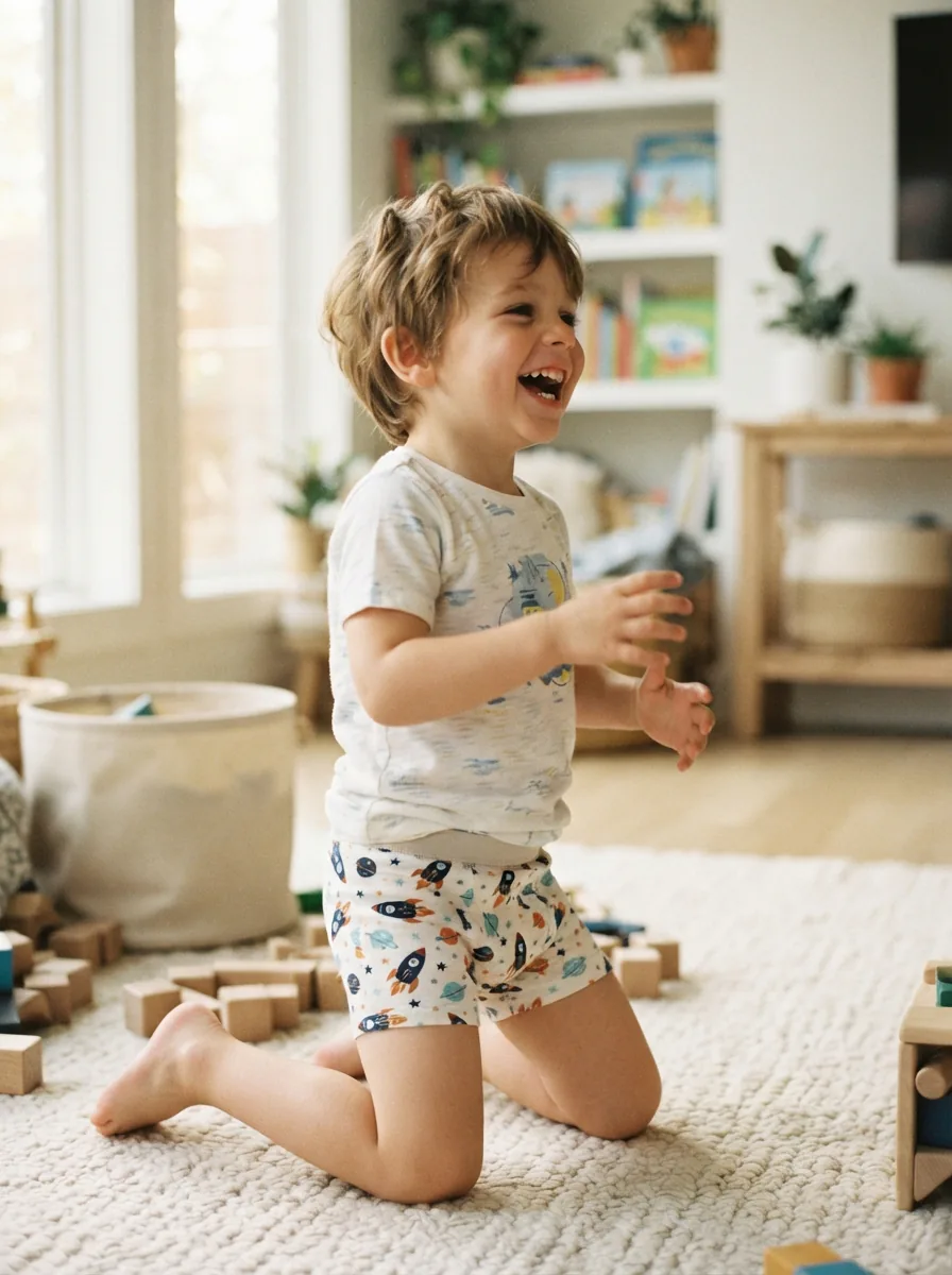 A happy child in comfortable, colorful underwear playing on a bright, sunny day.