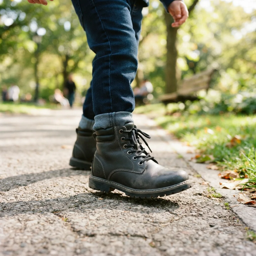 A child's foot wearing a stylish boot, stepping onto a paved path in a sunlit park.
