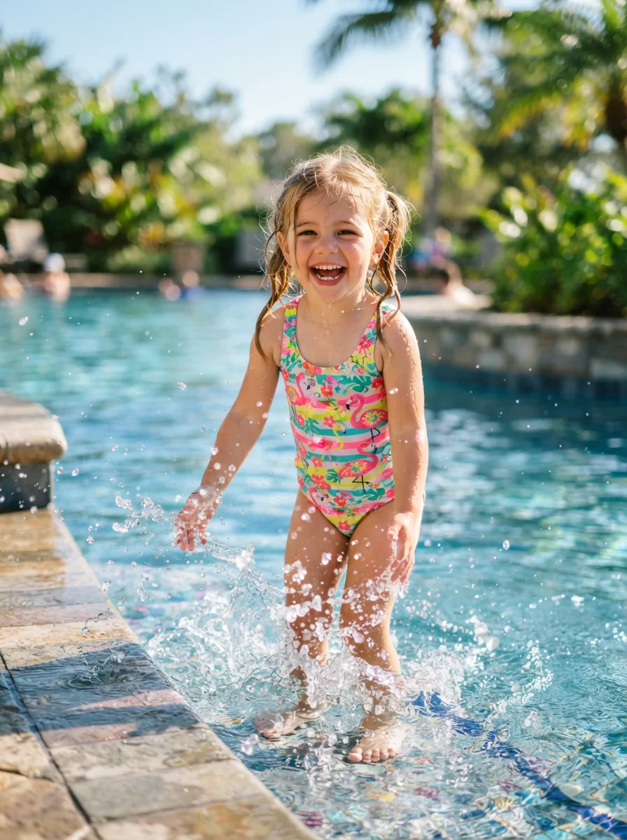 A child happily playing at the edge of a sparkling pool, wearing a colorful swimsuit.