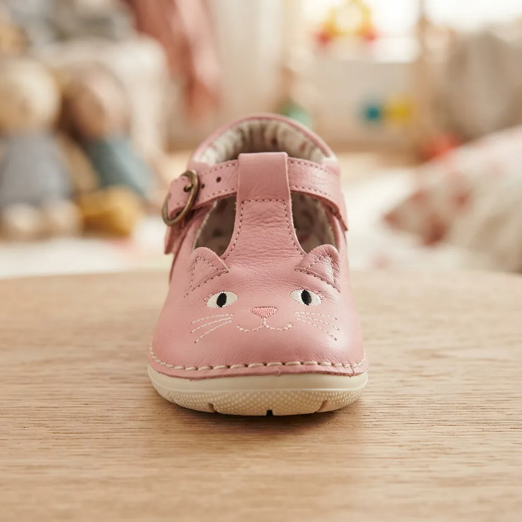 Kids' Kitty Cat Mary Jane shoe displayed to show the whimsical cat face detail on the toe.