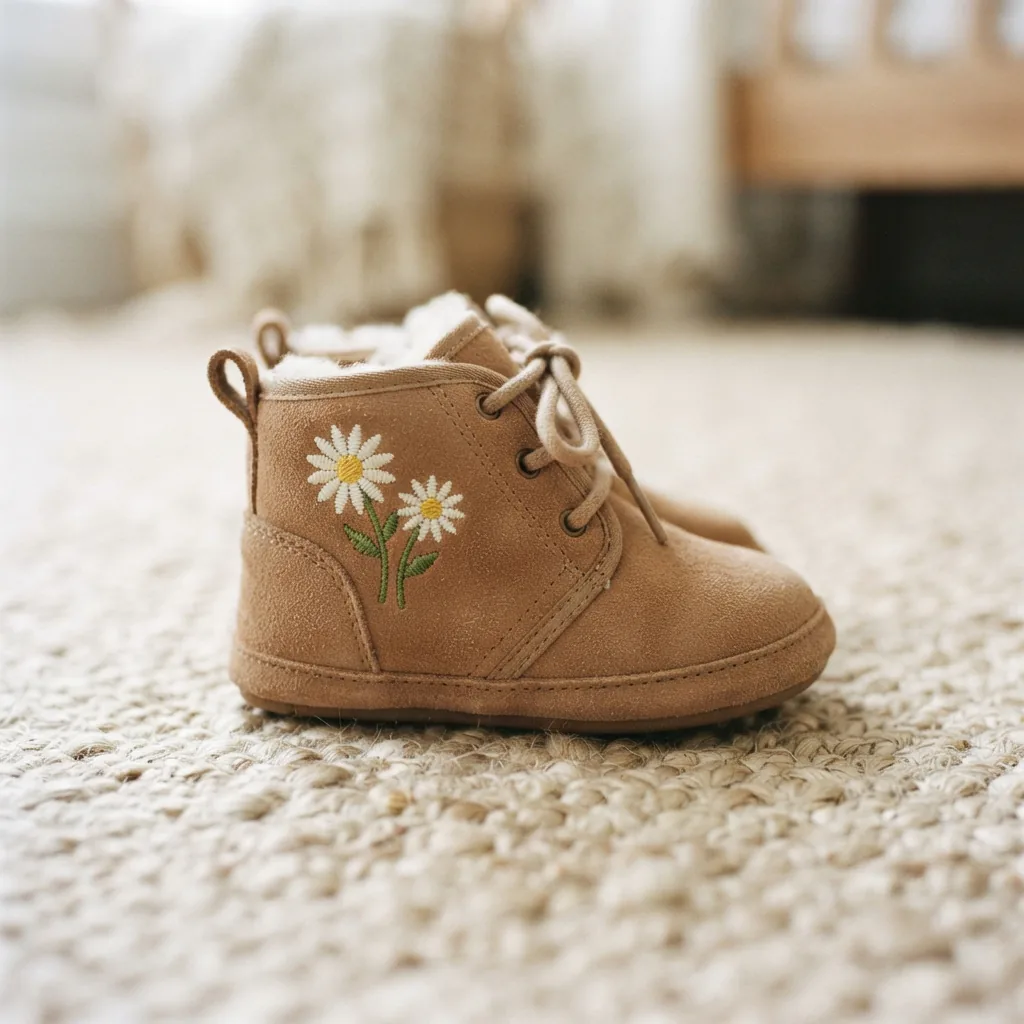 Kids' Ainsley Daisy Bootie positioned to show the floral motif detail on the side.