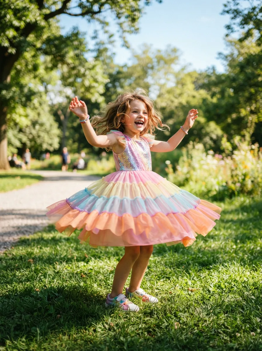 Smiling child in a colorful dress twirling in a sunlit park