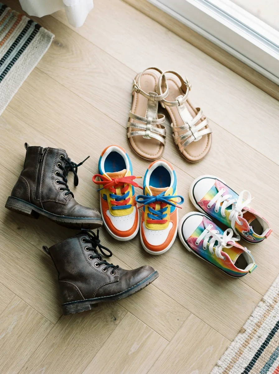 A vibrant flat-lay of children's shoes, including colorful sneakers, faux leather boots, and playful sandals, arranged on a clean surface.