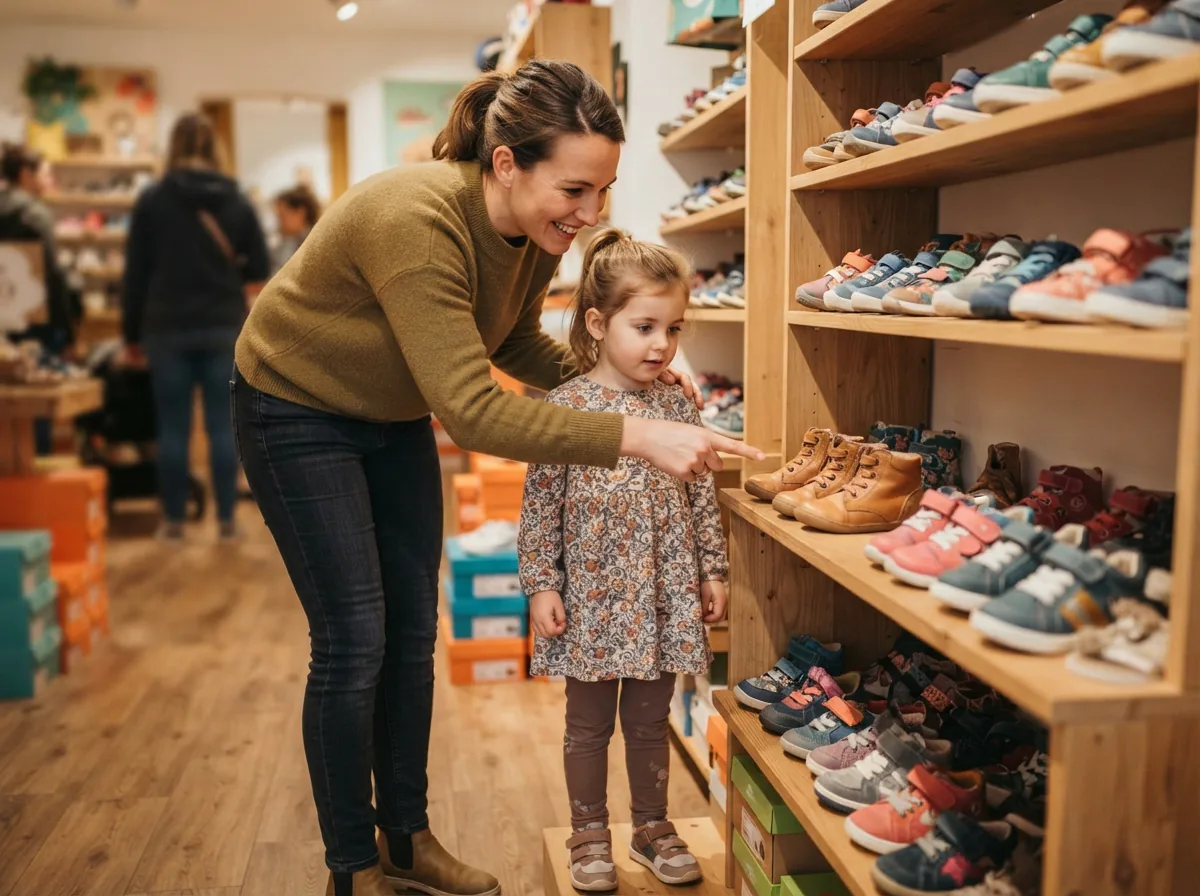 A parent and child looking at shoe options together, pointing at a display.