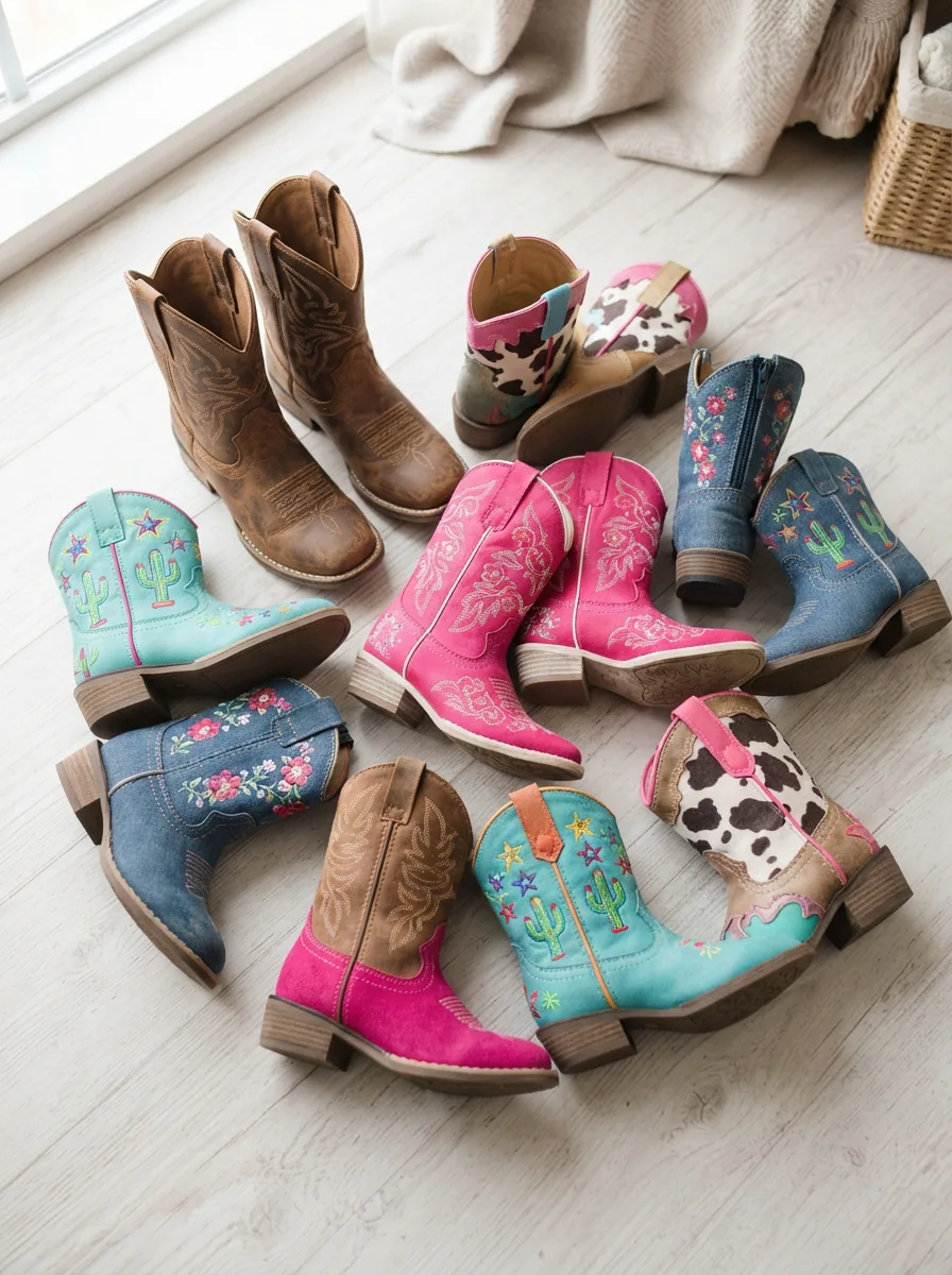 A collection of colorful Tucker & Tate children's Western boots arranged in a playful, inviting scene.