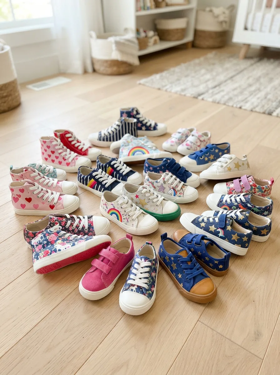 A vibrant display of children's sneakers with various playful patterns arranged on a bright, clean surface.