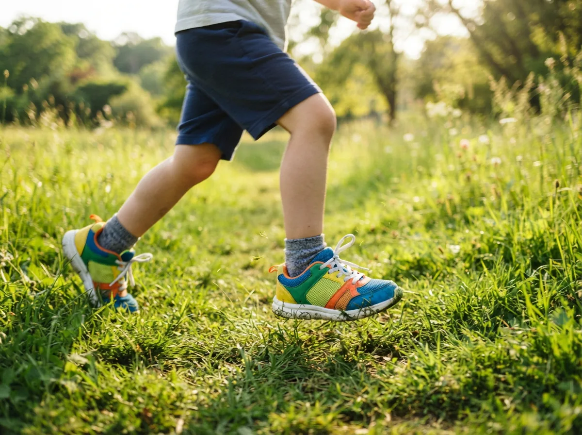 A child's feet shown in colorful sneakers, running through a sunlit, grassy area.