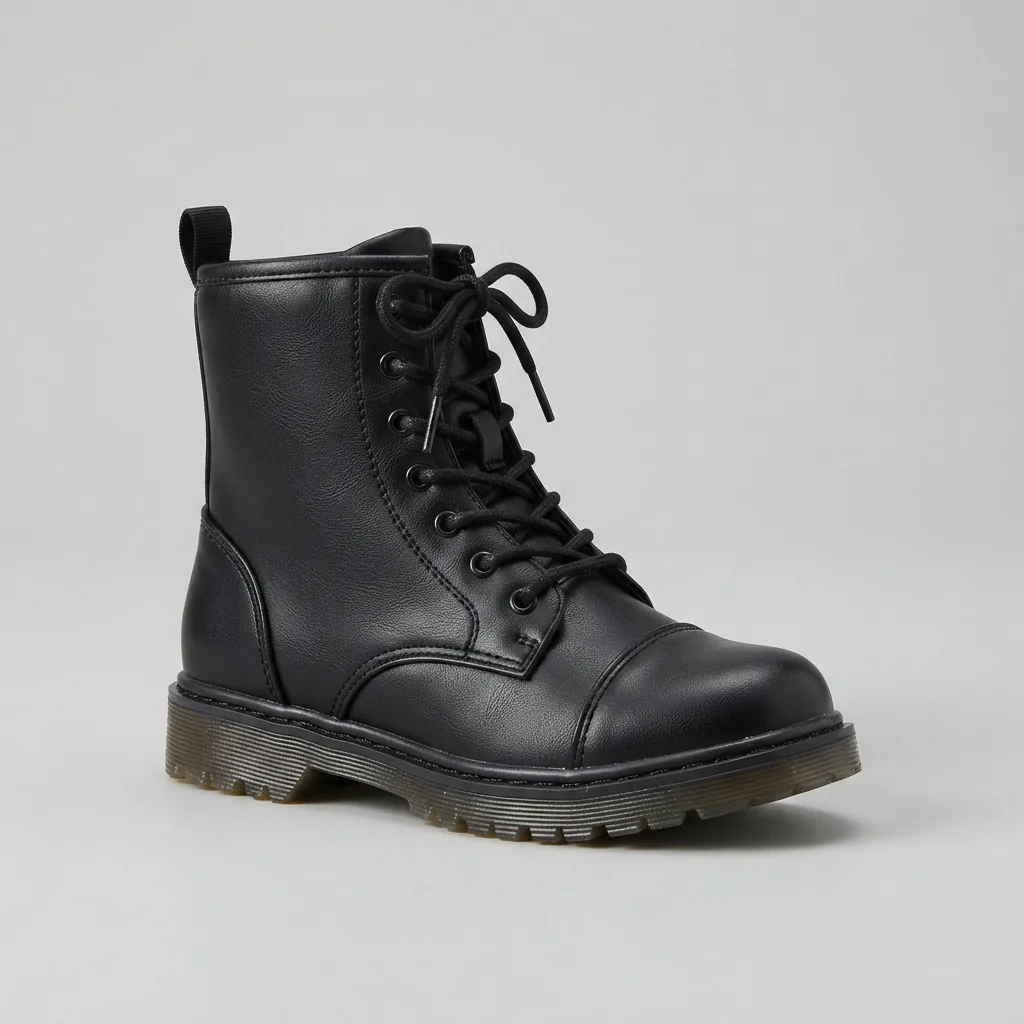 Kids' Peyton Faux Leather Combat Boot displayed on a light background, showing the lace-up front and sturdy sole.