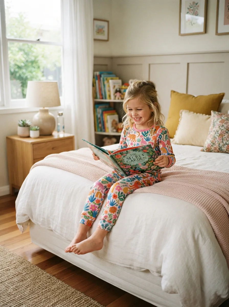 A cheerful child wearing a colorful Tucker & Tate pajama set, sitting on a bed and reading a book under a cozy blanket.