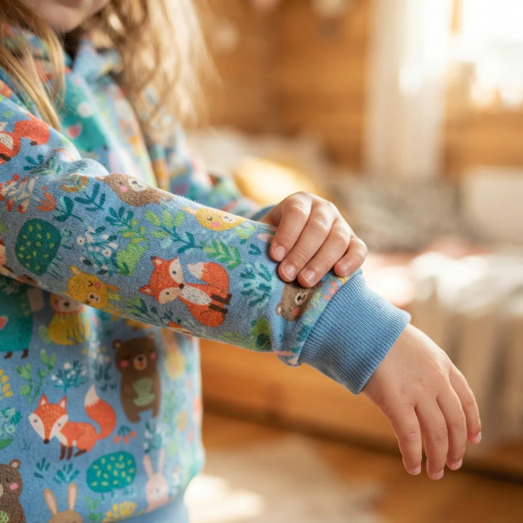 A close-up of a child's hand holding a soft, colorful Tucker & Tate garment, highlighting the fabric's texture and playful print.