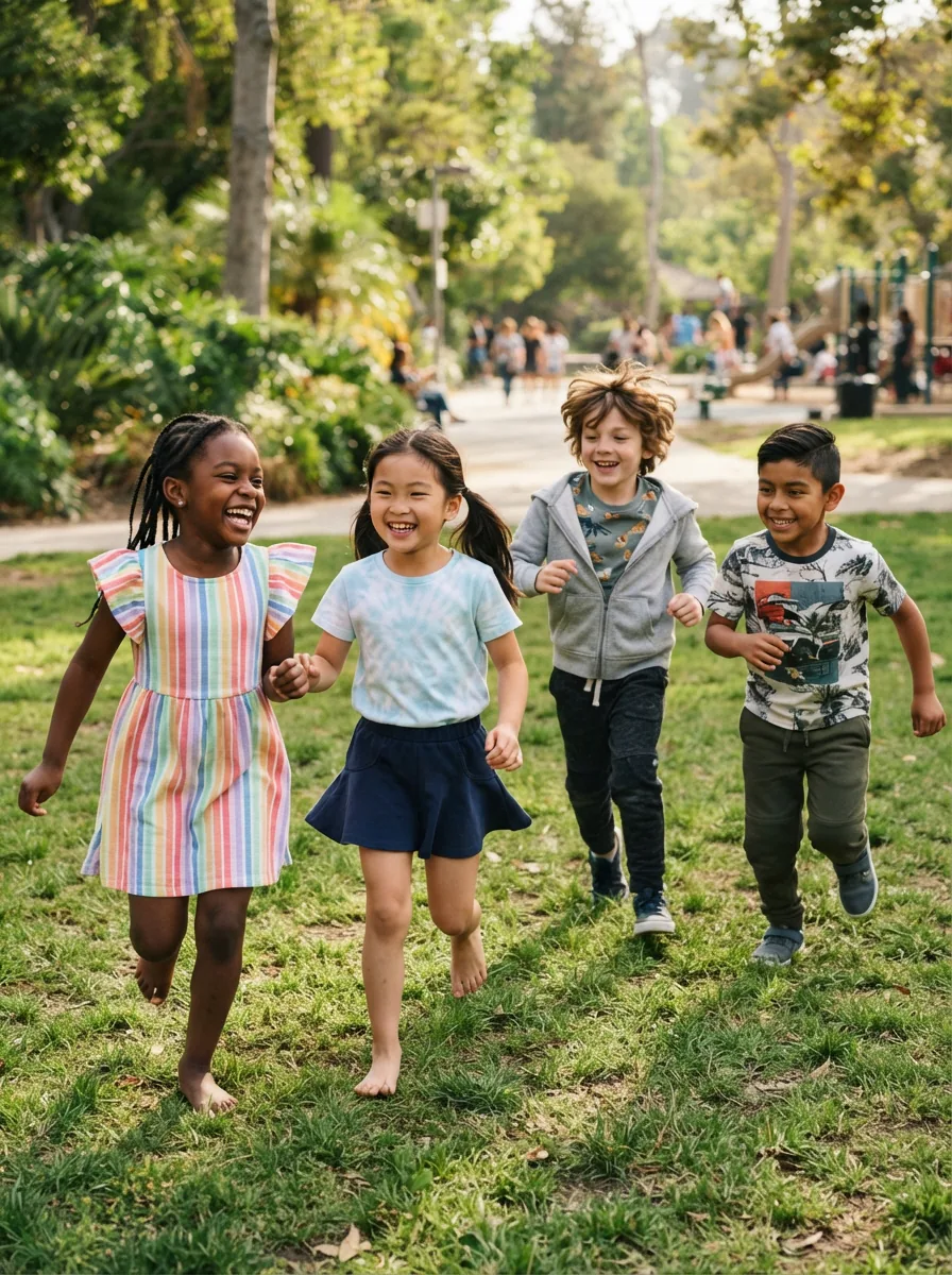A diverse group of happy children playing outdoors in vibrant, comfortable Tucker & Tate clothing, with one child in a hoodie and another in a flutter sleeve dress.